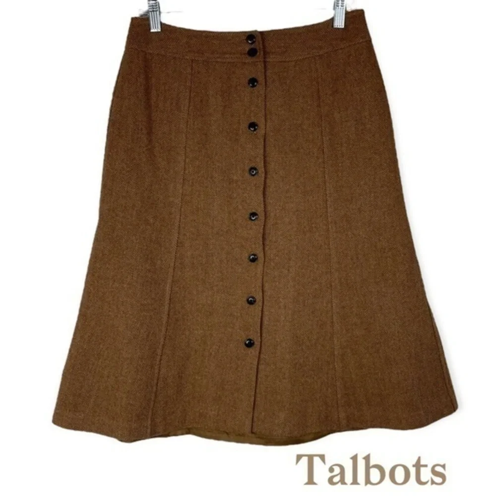 Talbots Brown Tweed 100% Wool Academia Midi Skirt NWOT